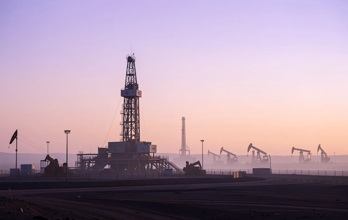 Sitio de extracción petrolera al amanecer