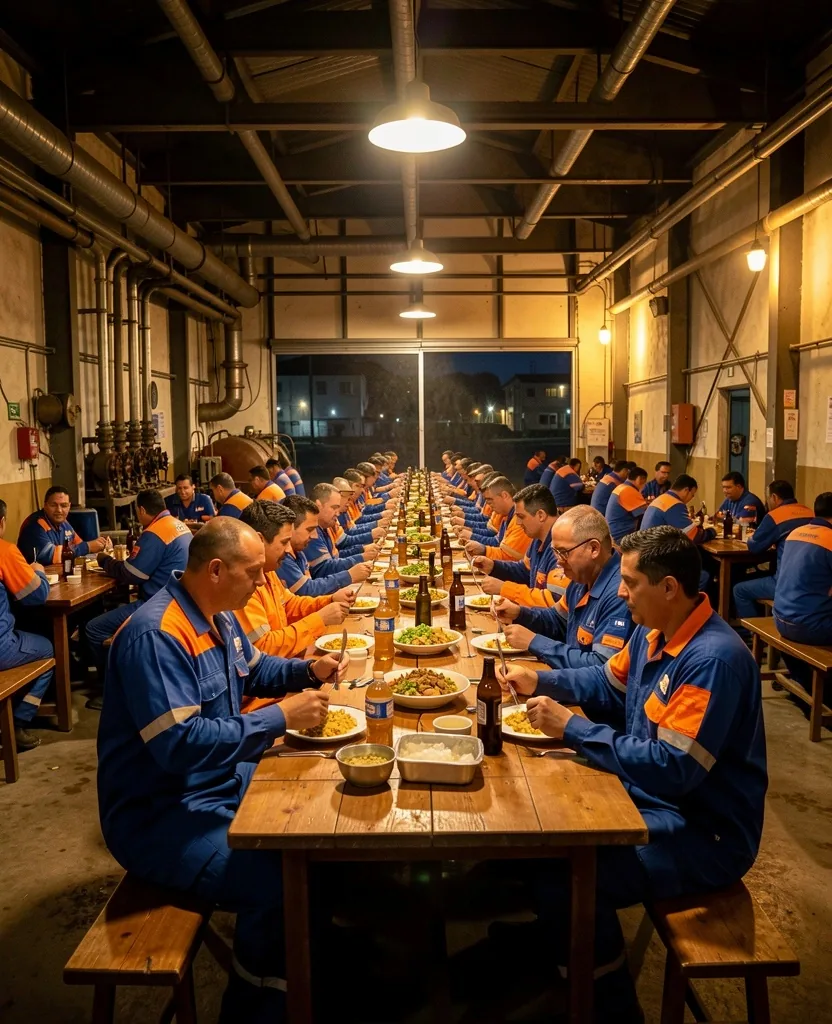Comedor del campamento petrolero con trabajadores compartiendo la cena