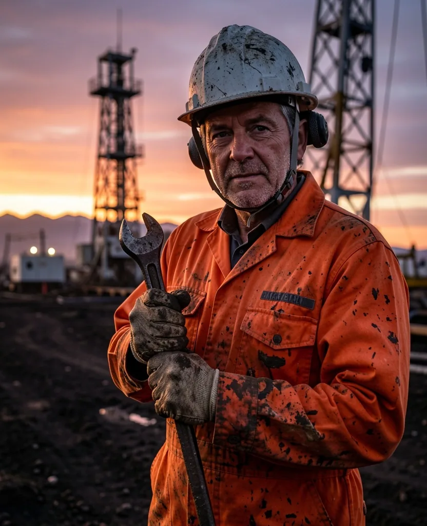 Operario petrolero trabajando en la torre de perforación al atardecer
