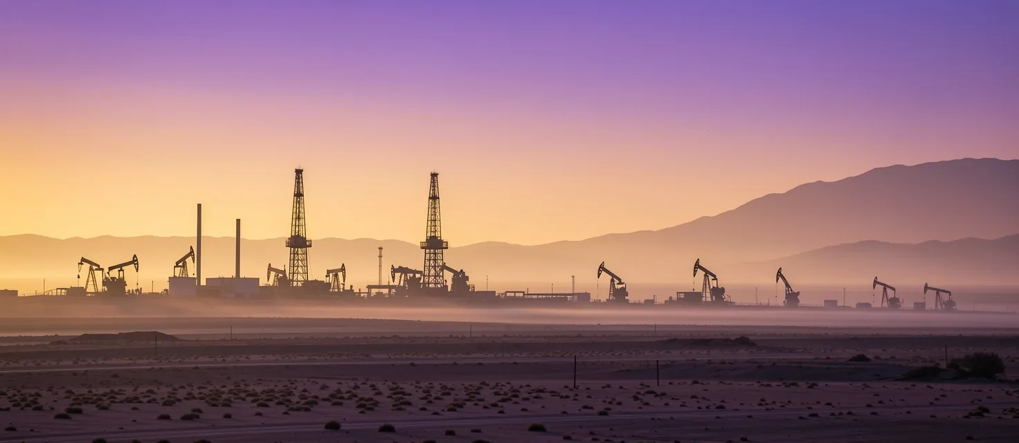 Panorámica de un campo petrolero argentino al amanecer con torres y bombas de extracción
