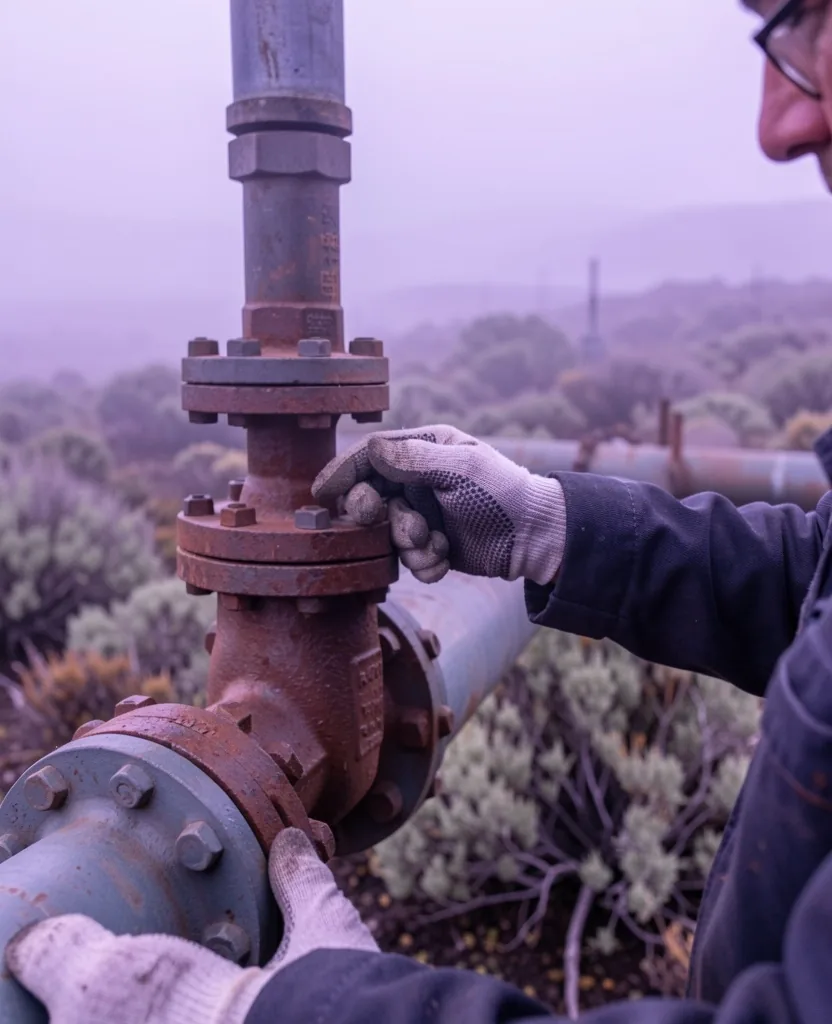 Trabajador petrolero inspeccionando equipo de seguridad en una válvula de pipeline