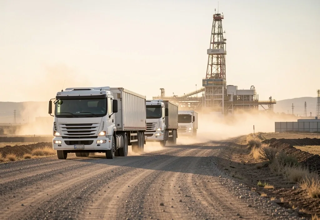 Camiones de logística petrolera en ruta hacia yacimiento