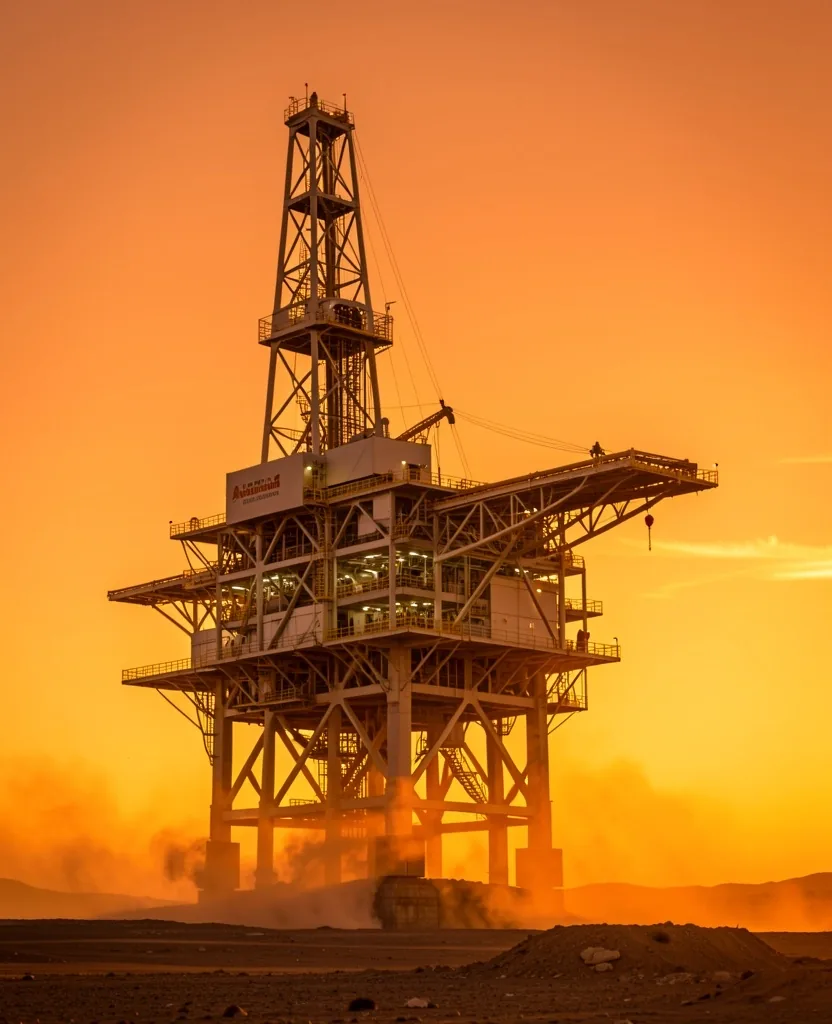 Torre de perforación en Vaca Muerta al atardecer