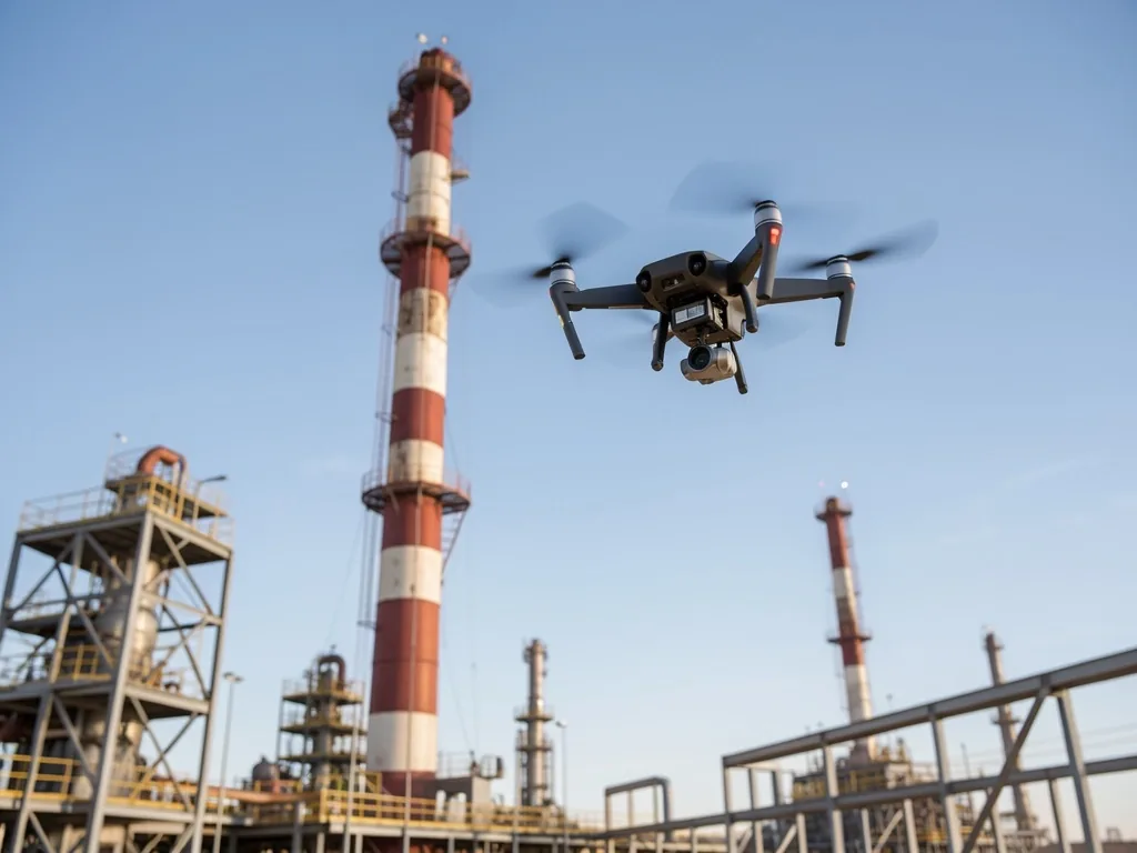 Dron de inspección con cámara térmica sobrevolando tanque de almacenamiento