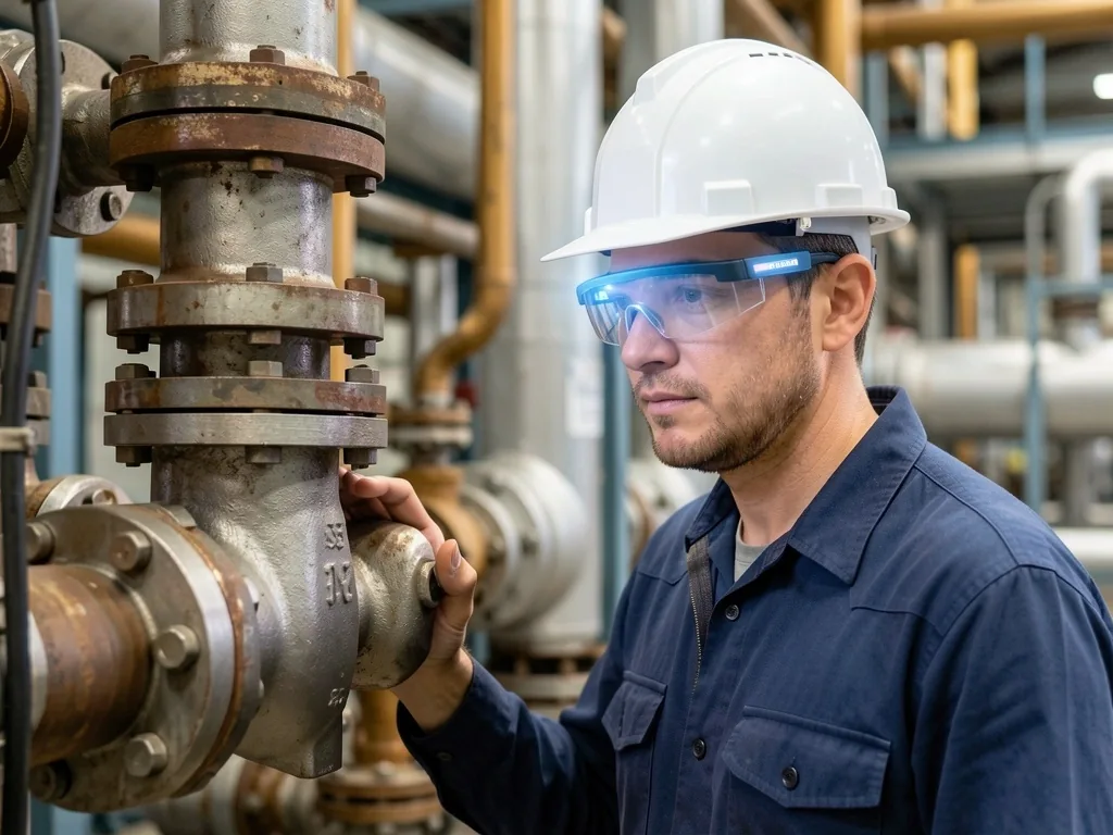 Técnico usando anteojos inteligentes durante mantenimiento de válvula