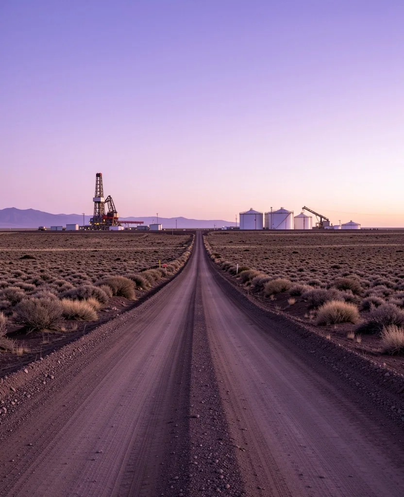 Camino de servicio hacia un yacimiento petrolero en la Patagonia argentina al amanecer