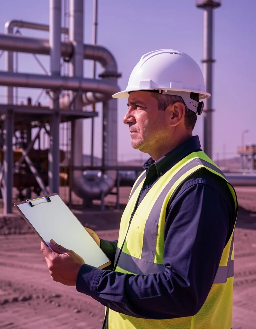 Trabajador del sector petrolero revisando documentación en un yacimiento