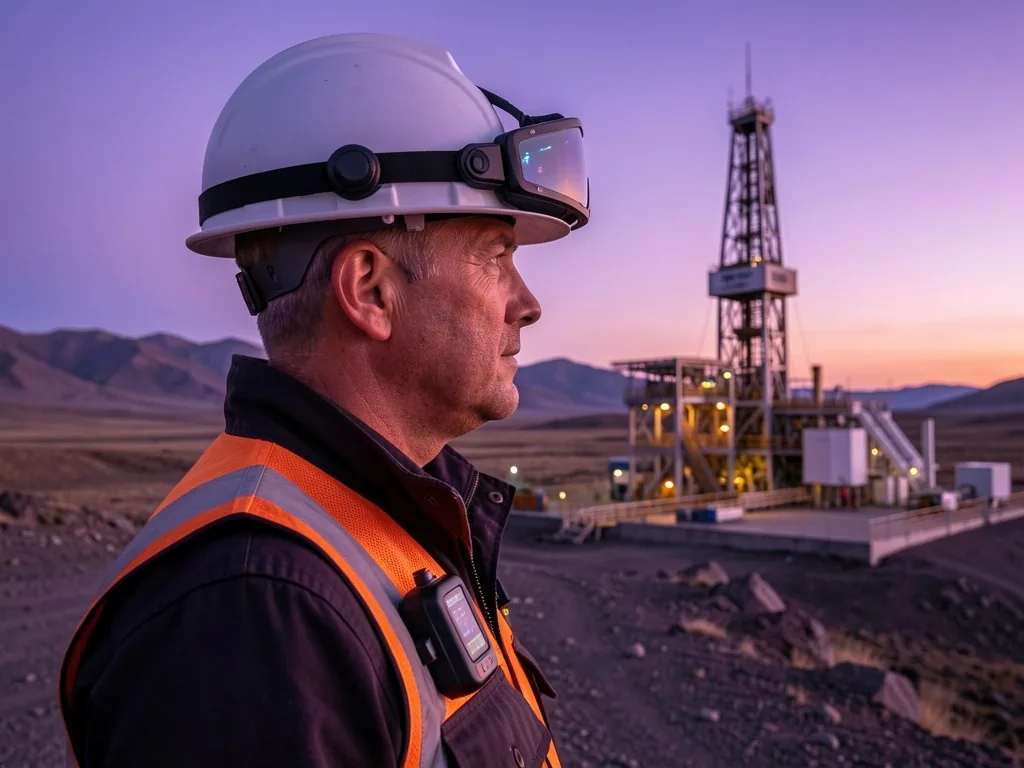Trabajador con casco inteligente y sensor de gas portátil