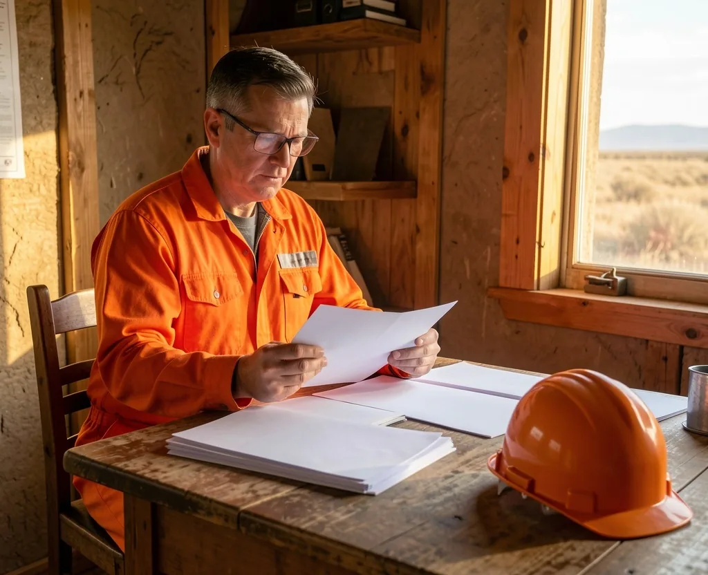 Trabajador petrolero revisando documentos en una oficina de campo
