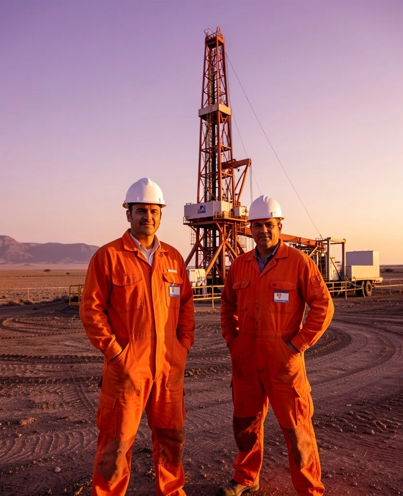 Trabajadores petroleros junto a un equipo de perforación en Vaca Muerta