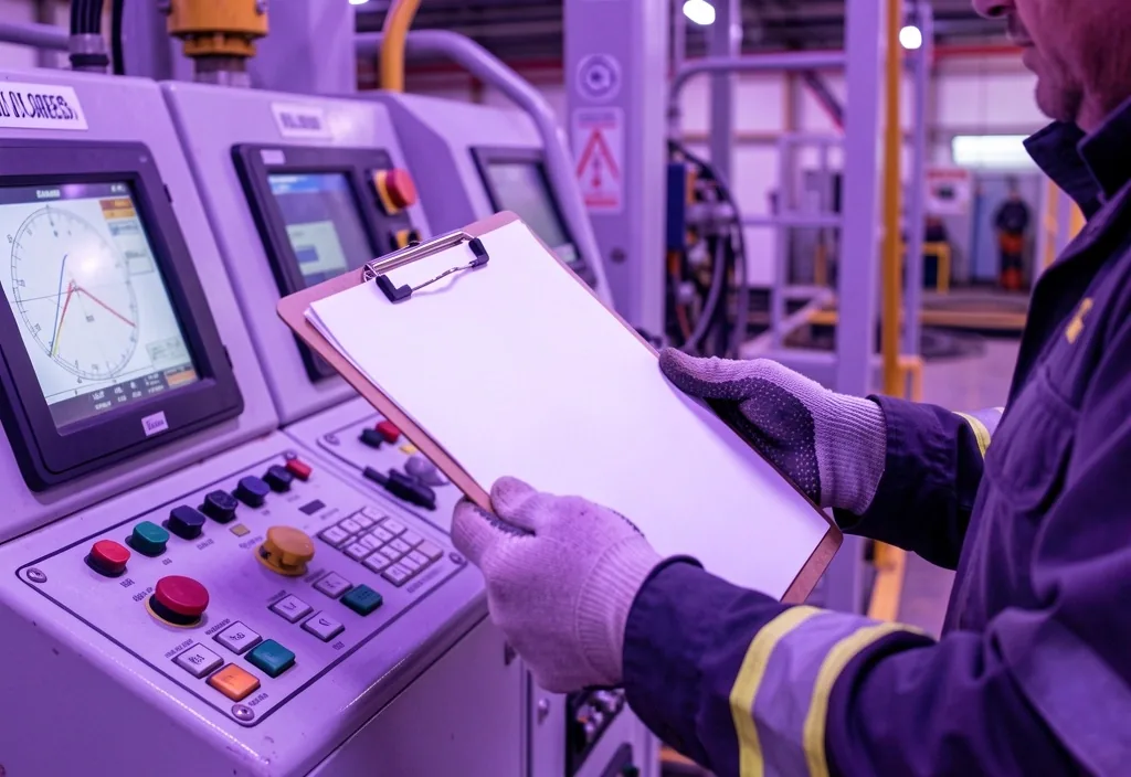 Ingeniero petrolero con portapapeles de inspección técnica en plataforma