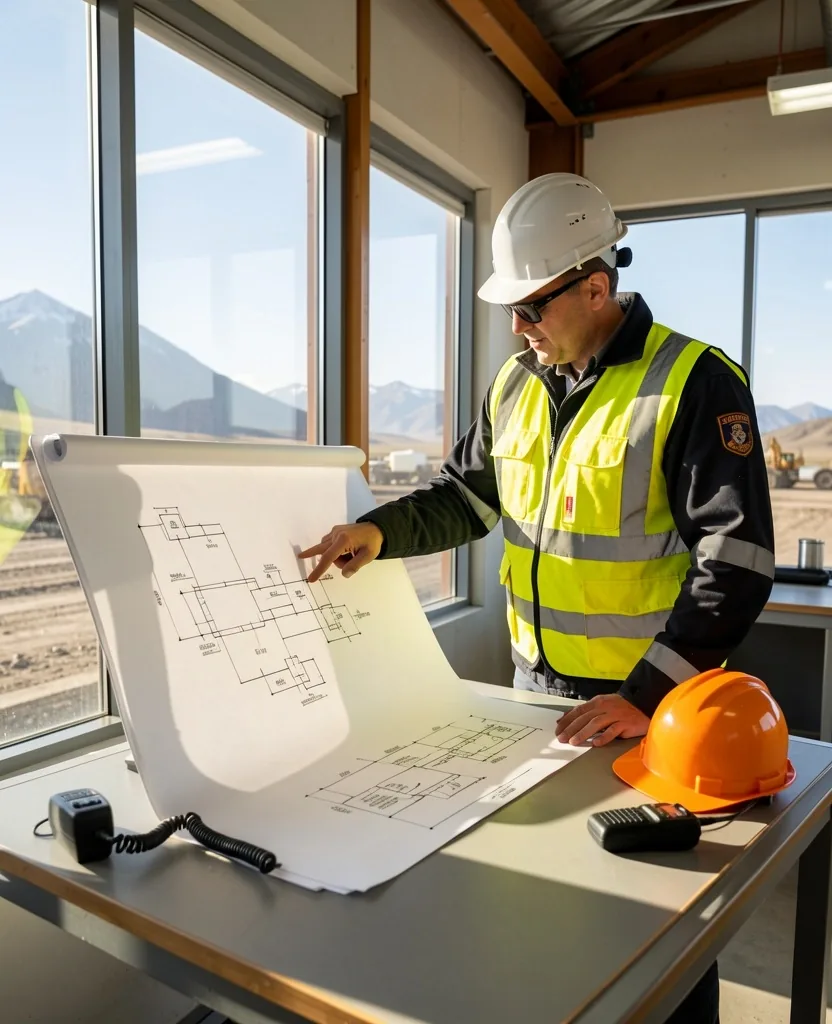 Trabajador petrolero argentino revisando documentos en oficina de campo