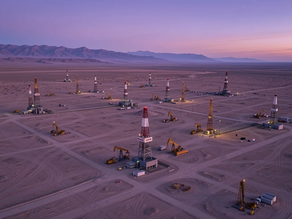 Vista aérea de campos de extracción en Vaca Muerta al atardecer